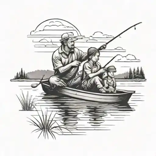 A Father And Son Fishing Together On A Serene Lake With A Beautiful Sunset In The Background