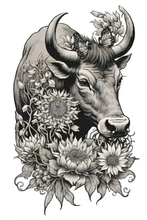 Ox With Dandelion And Chrysanthemum Flower