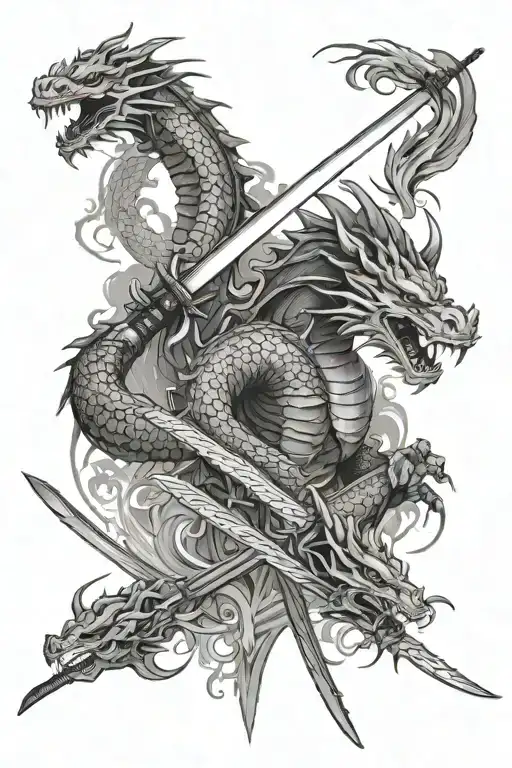 Katana And Dragon Behind