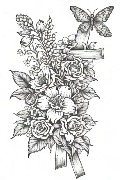 November June March April Birth Flower Bouquet With Cross