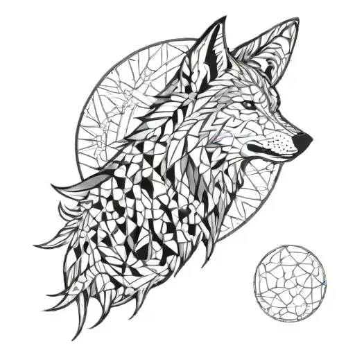 A Wolf Howling At A Psychedelic Moon Surrounded By Geometric Shapes