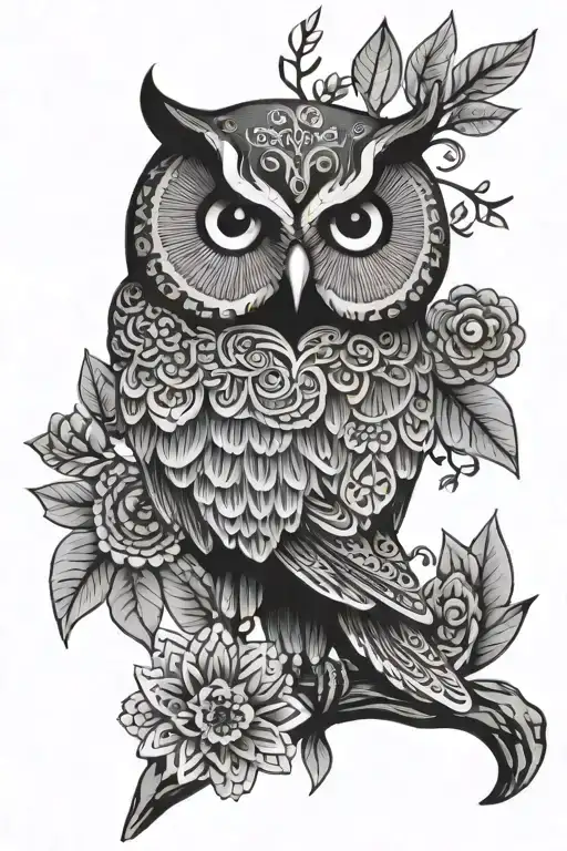 Owl On Branch With Mandalas