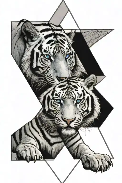 White Tiger With Blue Eyes Inside Triangle Outline Intertwined