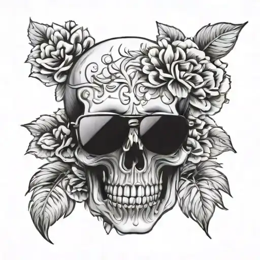 Skull Wearing Sunglasses With Flowers In Background