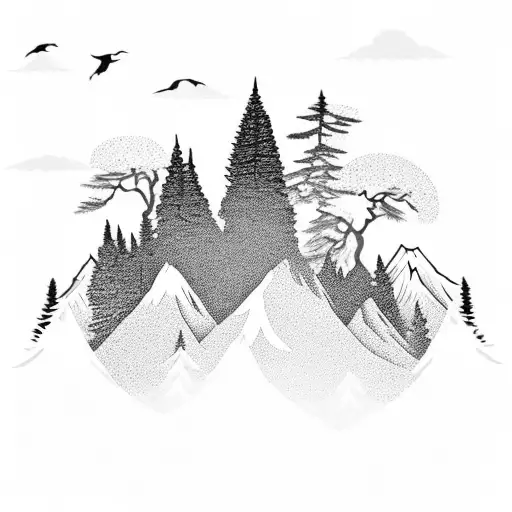 Pine Tree Silhouette With A Lake Cabin In The Middle And Mountains Above The Cabin