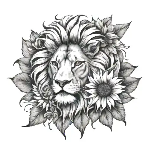Half Lion Face Half Sunflowers