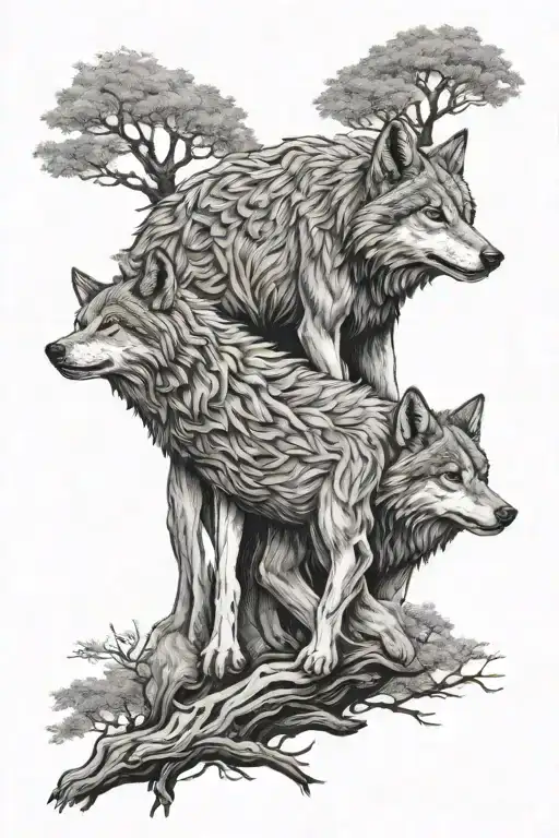 Tree Wolf Father 2 Daughters Holding Hands
