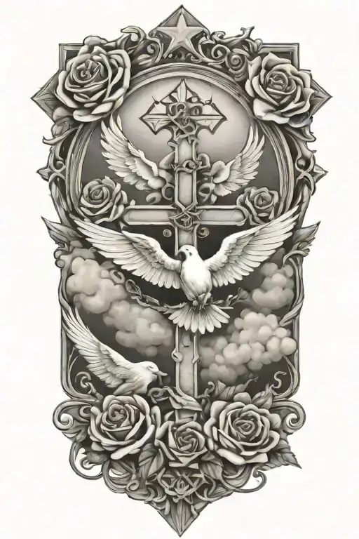 Clouds And White Stars And Doves And A Rose And A Catholic Cross