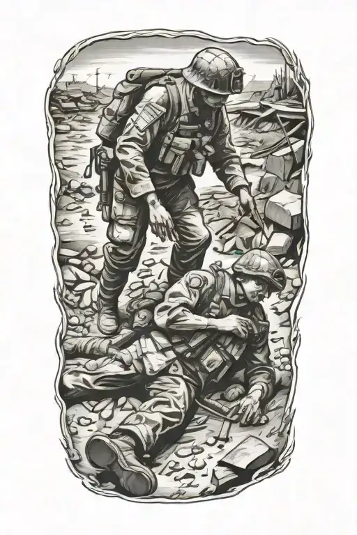 1 Soldier Standing Over A Wounded Comrade Laying On The Ground