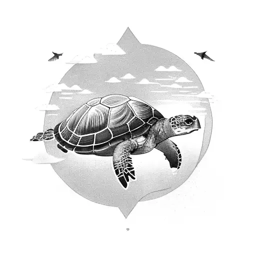 Turtle Swimming Upstream With Owl Flying Overhead