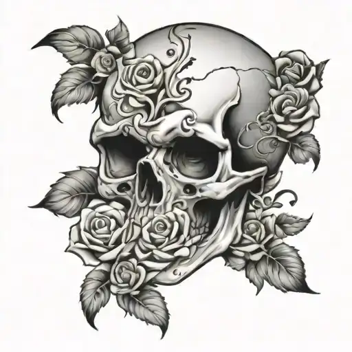 Half Skull With Jaw Plates And Nose Bleed With Flowers