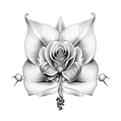 A Black And Grey Tattoo Of An Orchid And Rose Intertwined With Engineering Symbols