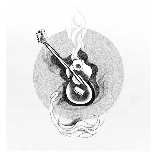 A Wooden Guitar On Fire With Smoke Forming The Shape Of A Whiskey Bottle