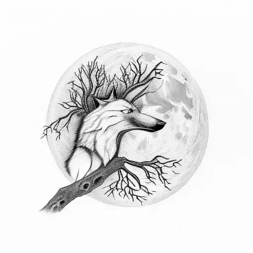 A Black And Grey Design Featuring A Wolf And Raven With A Tree Intertwined In Front Of Full Moon