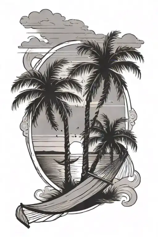 Two Palm Trees On The Beach Connected By A Hammock And Behind Them Is A Sunset
