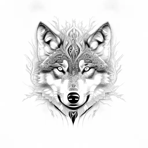 An Intricate Black And Grey Design Featuring A Wolf And A Tree Intertwined