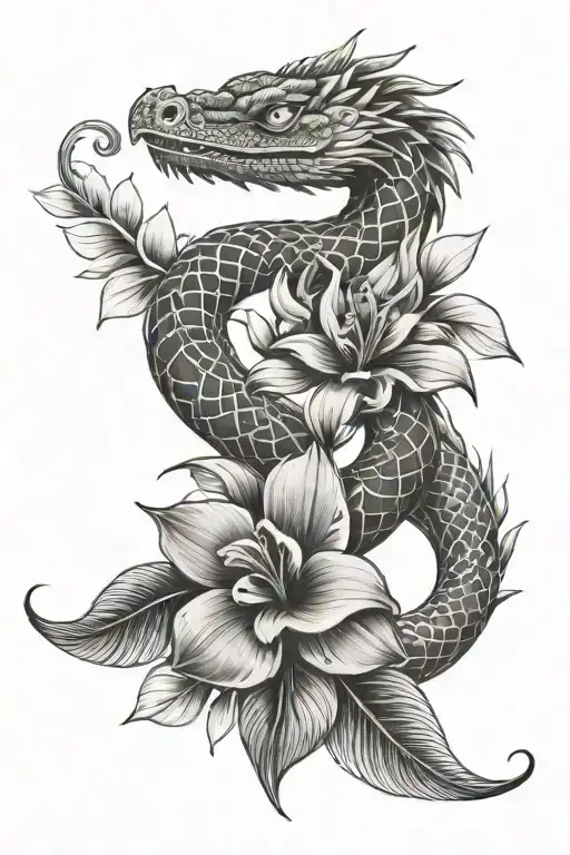 Tropical Flowers With Quetzalcoatl Snake