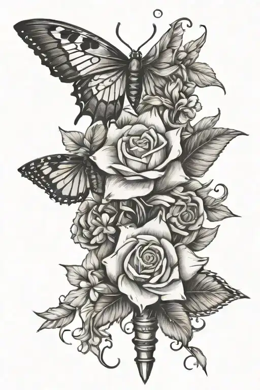 Dagger With Flowers And Butterflies Flying