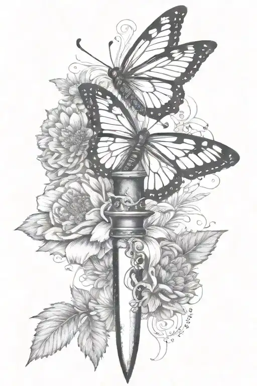 Dagger Facing Up With Marigold Growing And Butterflies Flying Around