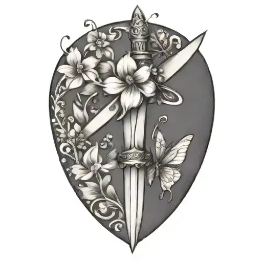 Dagger With Flowers And Butterflies Flying