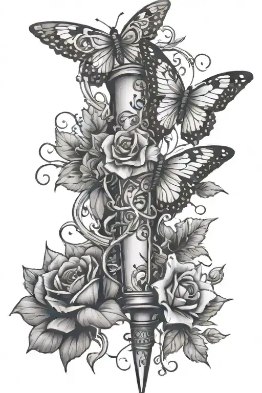 Dagger Wrapped In Flower Vines And Butterflies Flying Around