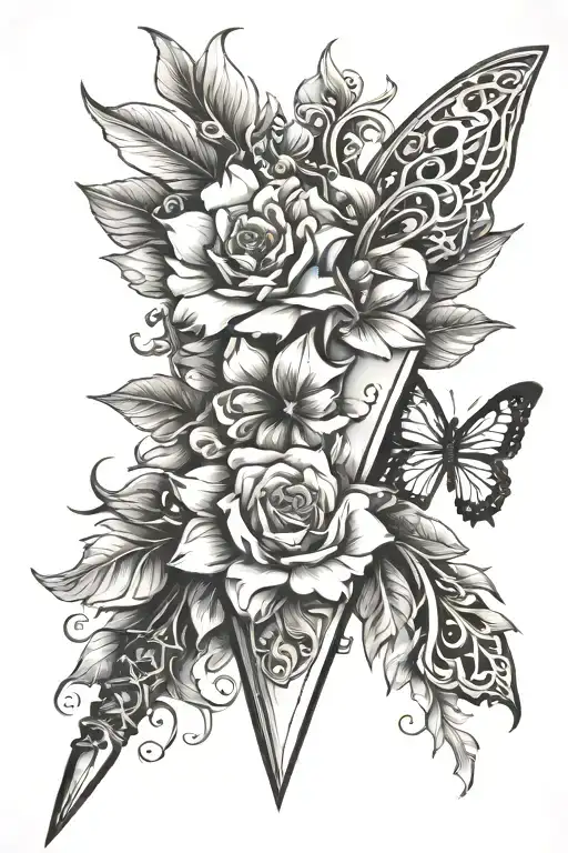 Dagger With Flowers And Butterflies