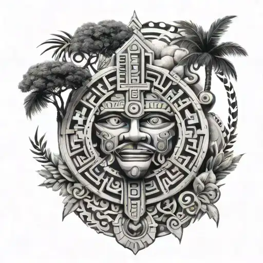 Aztec Calander With Tree Braches In The Lower Corner