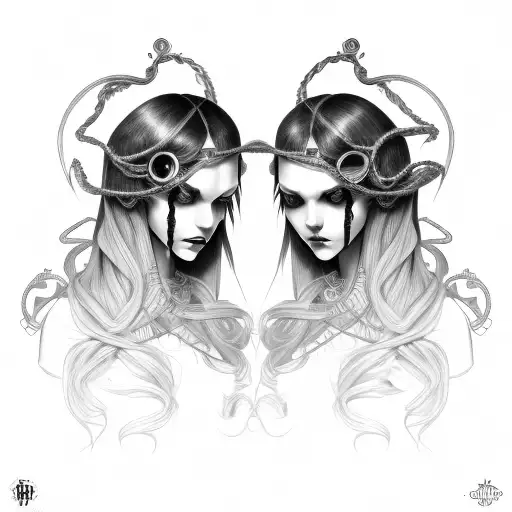 Goth Cyborg Gemini Sisters Hair Tangled Together Wide Composition