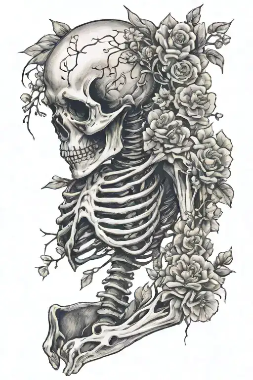 Lonely Skeleton With Small Flowers Growing Out Of Its Back