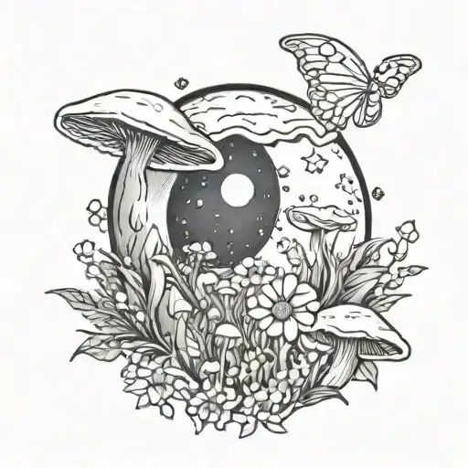 Moon With Mushrooms Daisy And Lilly And Crystals Being Dispersed