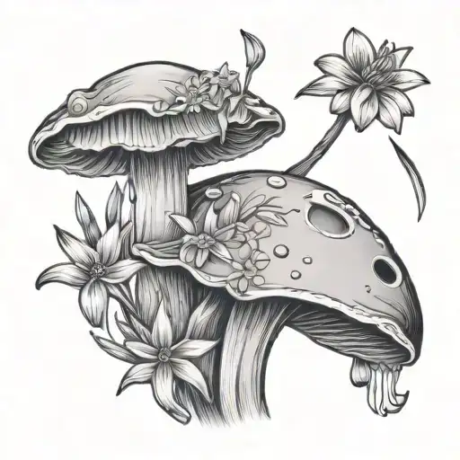 Moon Mushroom With Lily And Daisy With Crystals Growing