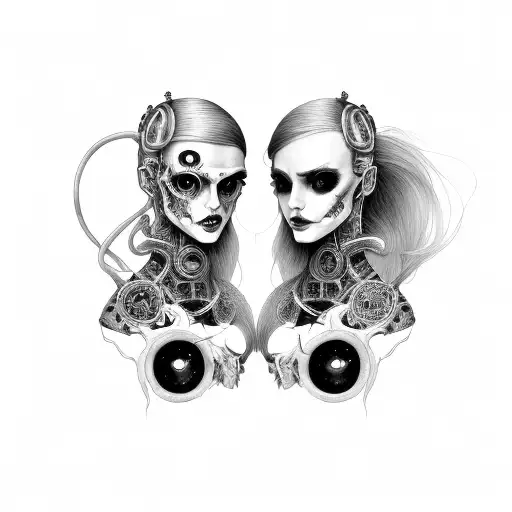 Goth Cyborg Gemini Sisters Conjoined Facing Each Other