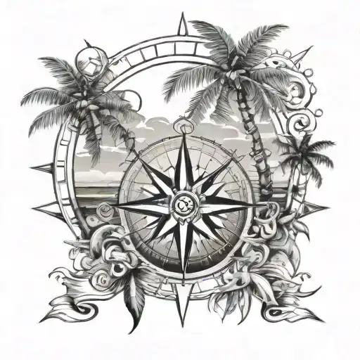 Beach With Palm Trees And Compass Rose