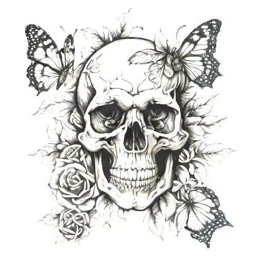 Skull Surrounded By Flowers With Butterflies