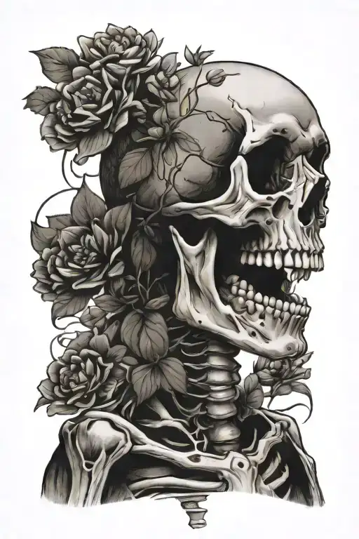Lonely Skeleton With Small Flowers Growing Out Of Its Back