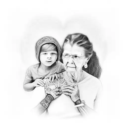 A Black-grey Tattoo Of An Intricate Design Featuring A Grandmother And Grandson Holding Hands