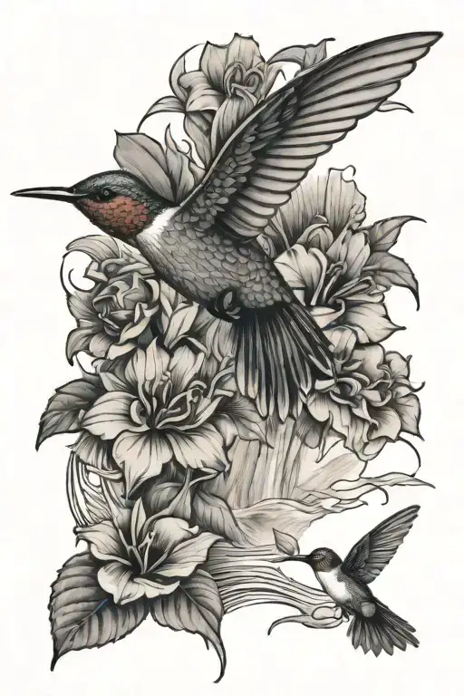 Humming Bird With Flowers Flowing Into The River And A Forrest Surrounding