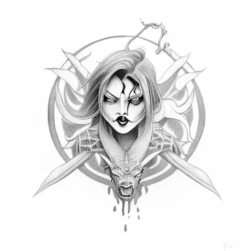 A Mesmerizing Black And Grey Tattoo Of A Devil Woman Enjoying A Drink