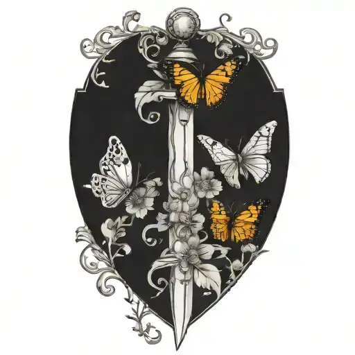 Dagger With Marigolds Making It Overgrown And Butterflies Flying Around