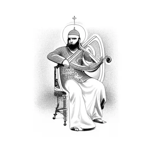 A Detailed Illustration Of A Historical Religious Figure Playing A Musical Instrument