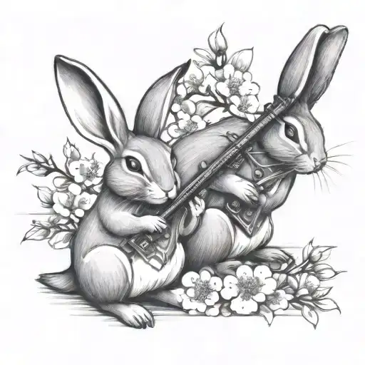 Two Rabbits In Love Under Cherry Blossoms And A Flute With Chinese-style Ornaments On The Floor