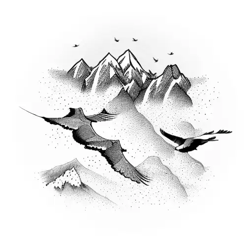 A Majestic Mountain Range With A Flock Of Birds Flying Above