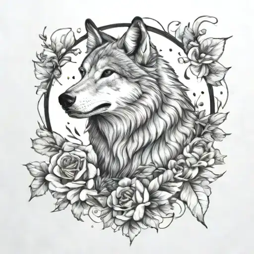 Wolf Whit Flowers Blooming And Wraping Whit A Moon And Stars In The Background