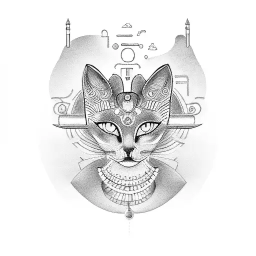 A Dotwork Tattoo Of The Egyptian God Bastet With A Computer Circuitry Background