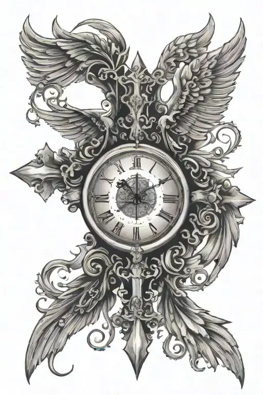 Serbian Cross With Wings And Fullery And In The Middle Of The Cross Have A Time Clock