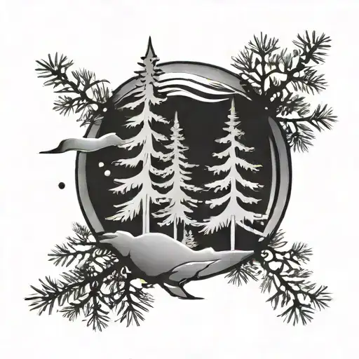 An Abstract Design Combining Metal Elements And Pine Tree Silhouettes