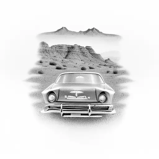 A Realistic Black And Grey Tattoo Of A Vintage Car Driving Through A Desert Landscape