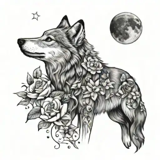 Wolf Whit Flowers Blooming And Wraping Whit A Moon And Stars In The Background
