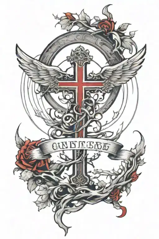 A Cross With Clouds And A Circle Of Roots Around It And Red Text And Angel Wings