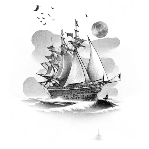 A Black-grey Tattoo Of A Majestic Caravel Surrounded By Lush Nature